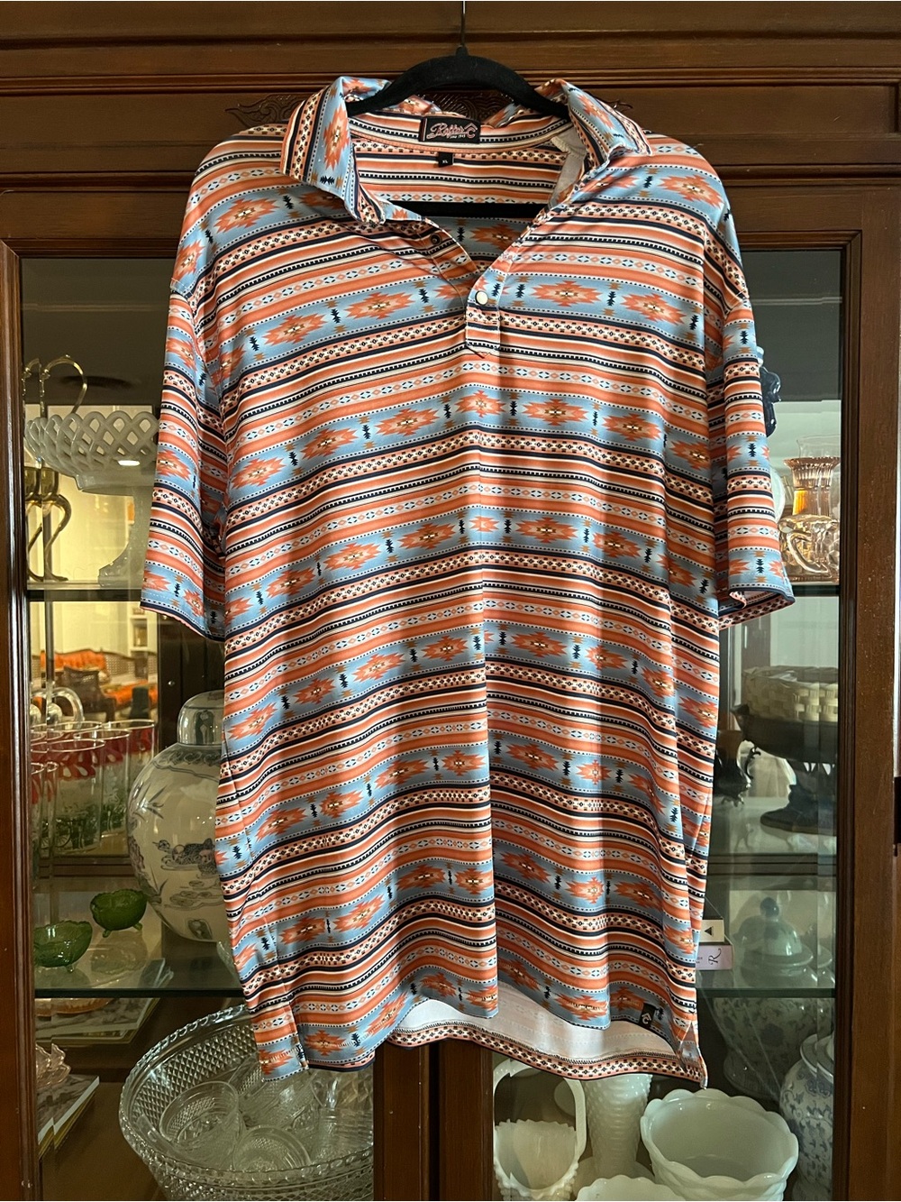 Rafter C Men's Short Sleeve Polo Shirt - Desert Stripe (Blue & Orange) size XL